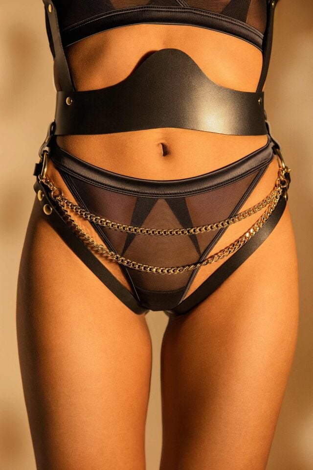 Aria's Closet Siyah Zincir Aksesuarlı Fantezi Deri Vücut Harness