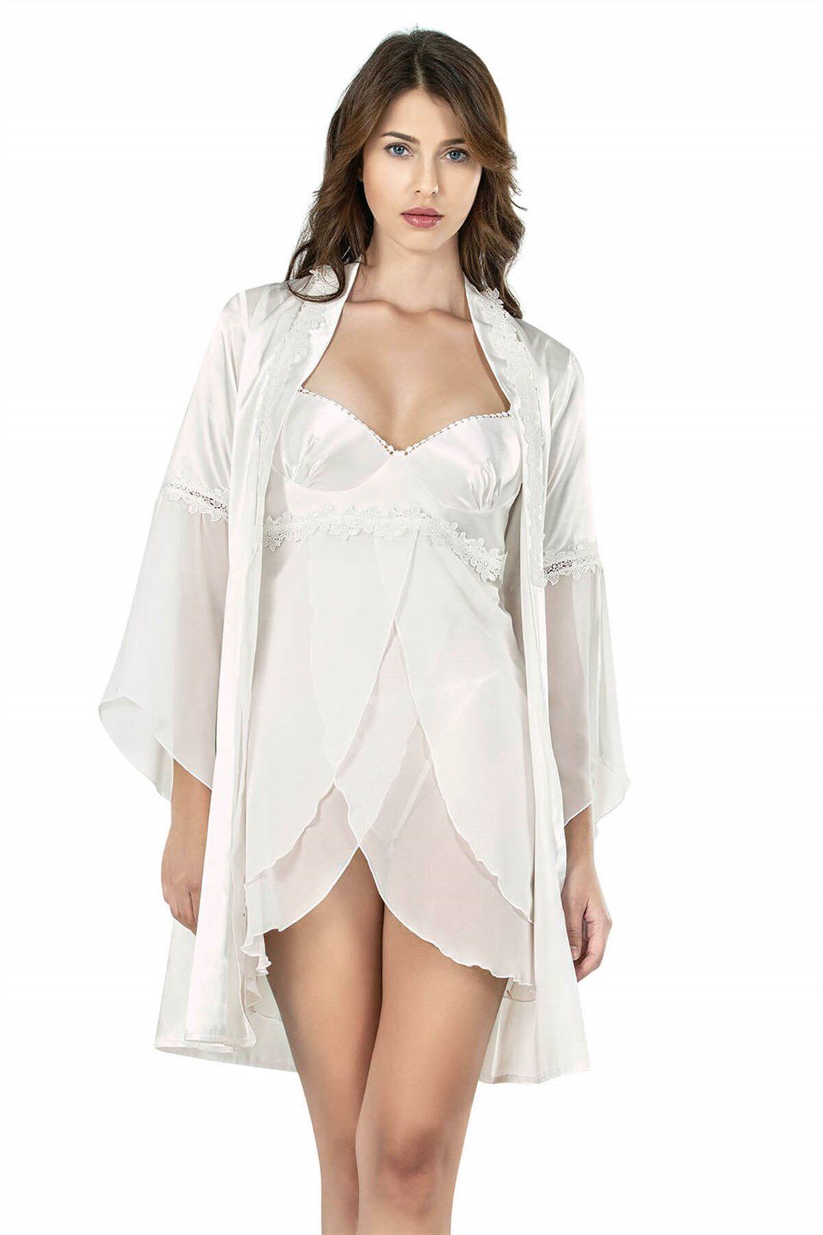 Aria's Closet Ekru Kısa İkili Saten Sabahlık Gecelik Takımı