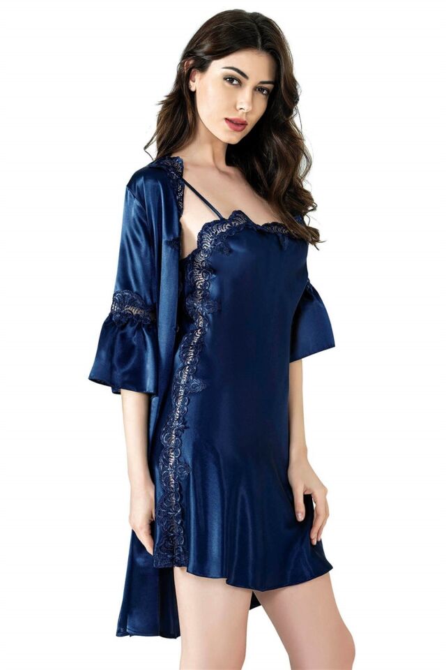 Aria's Closet Lacivert Kısa İkili Saten Sabahlık Gecelik Takımı