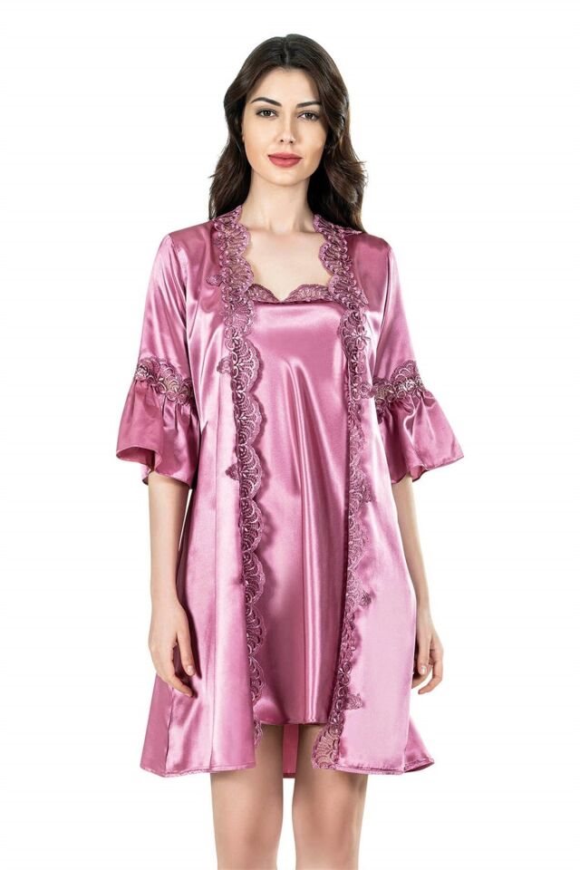 Aria's Closet Gül Kurusu Kısa İkili Saten Sabahlık Gecelik Takımı