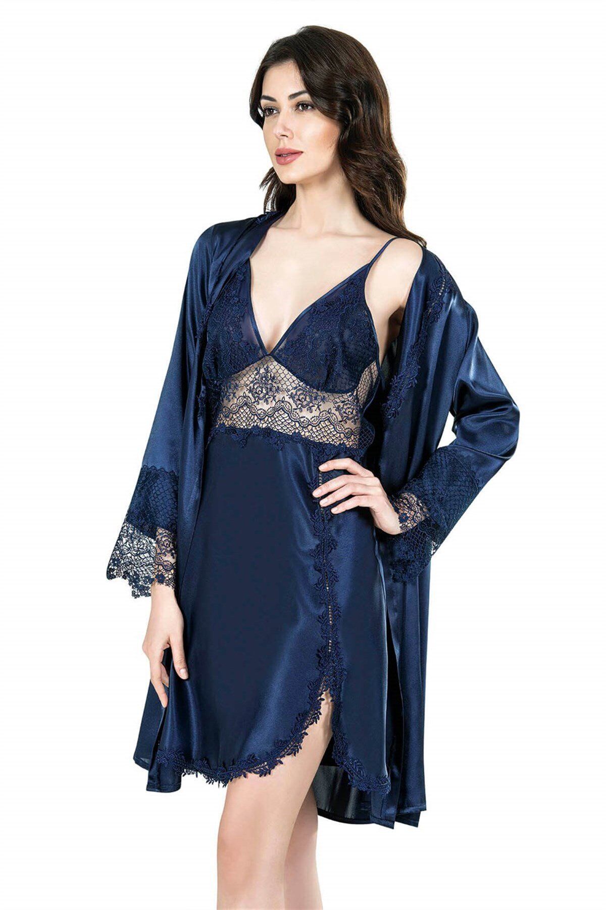Aria's Closet Lacivert Kısa İkili Saten Sabahlık Gecelik Takımı