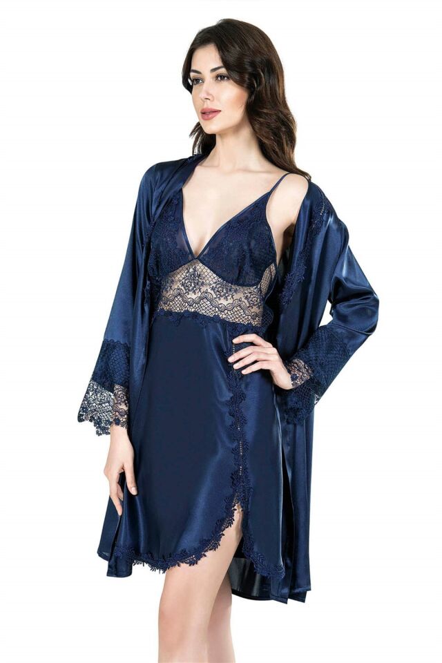 Aria's Closet Lacivert Kısa İkili Saten Sabahlık Gecelik Takımı