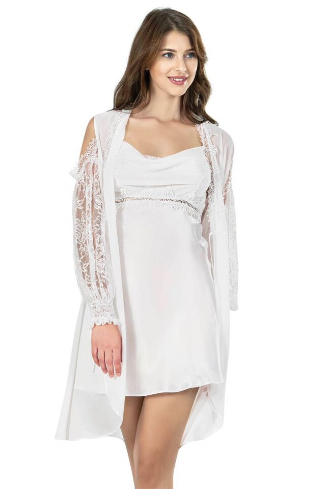 Aria's Closet Ekru Kısa İkili Saten Sabahlık Gecelik Takımı