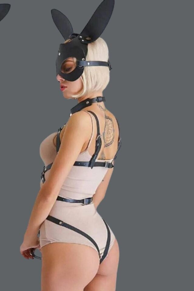 Tavşan Kulaklı Maske Ve Babydoll Alt Üst Deri Takım 800555