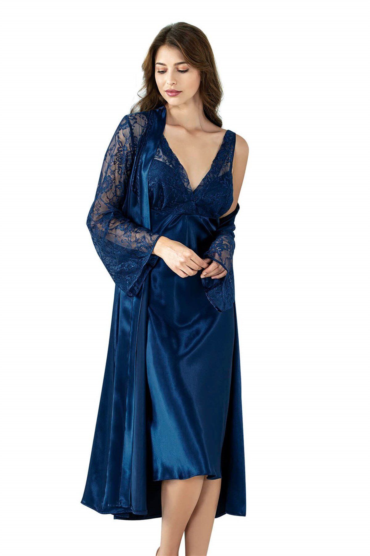 Aria's Closet Lacivert Uzun İkili Saten Sabahlık Gecelik Takımı 7631