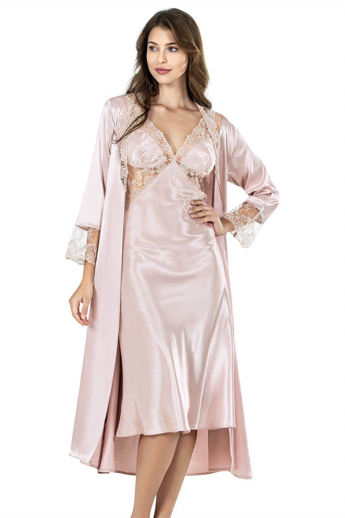 Aria's Closet Pudra Uzun İkili Saten Sabahlık Gecelik Takımı 7632