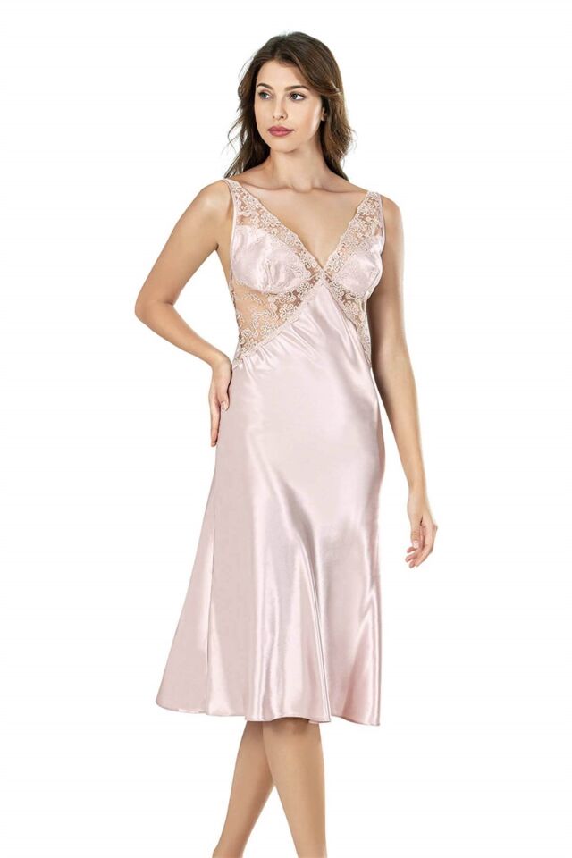 Aria's Closet Pudra Uzun İkili Saten Sabahlık Gecelik Takımı 7632