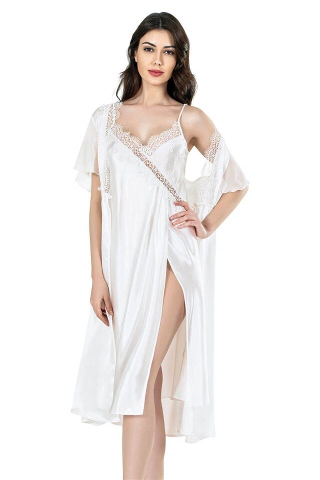 Aria's Closet Ekru Uzun İkili Saten Sabahlık Gecelik Takımı 7634