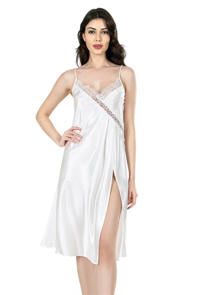 Aria's Closet Ekru Uzun İkili Saten Sabahlık Gecelik Takımı 7634
