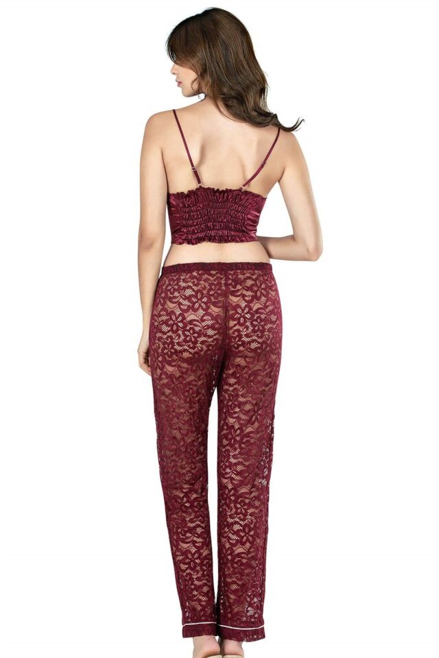 Aria's Closet Bordo Üçlü Büstiyerli Saten Sabahlık Gecelik Pijama Takımı 7637