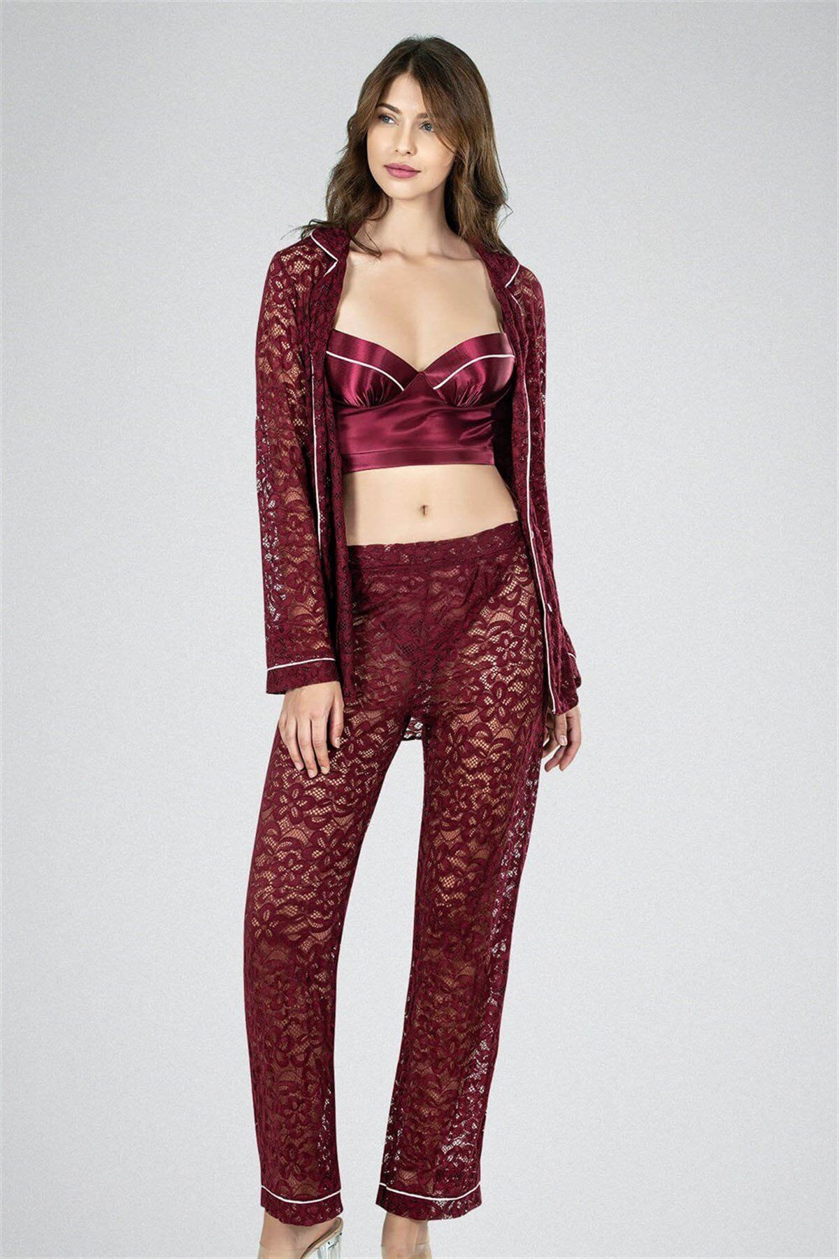 Aria's Closet Bordo Üçlü Büstiyerli Saten Sabahlık Gecelik Pijama Takımı 7637