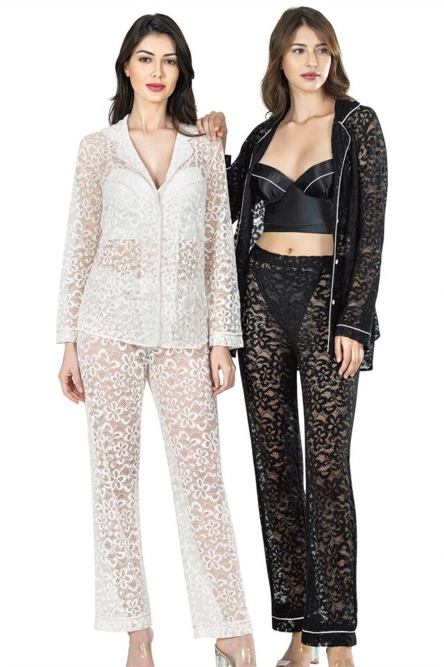Aria's Closet Ekru Üçlü Büstiyerli Saten Sabahlık Gecelik Pijama Takımı 7637
