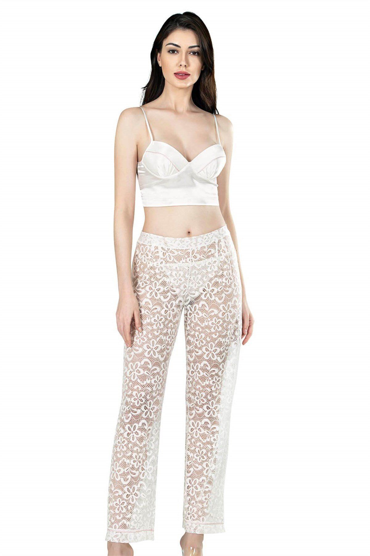 Aria's Closet Ekru Üçlü Büstiyerli Saten Sabahlık Gecelik Pijama Takımı 7637