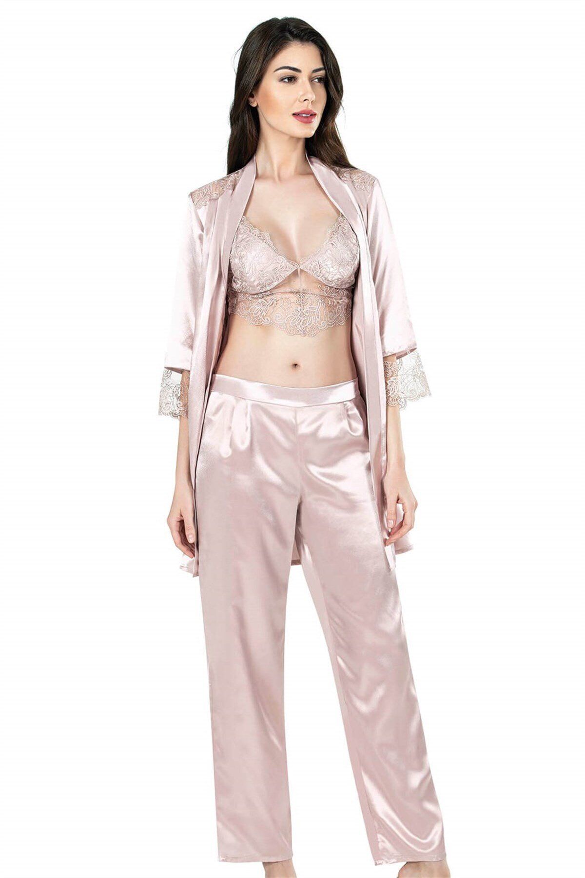 Aria's Closet Pudra Üçlü Büstiyerli Saten Sabahlık Gecelik Pijama Takımı 7638