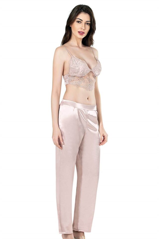 Aria's Closet Pudra Üçlü Büstiyerli Saten Sabahlık Gecelik Pijama Takımı 7638