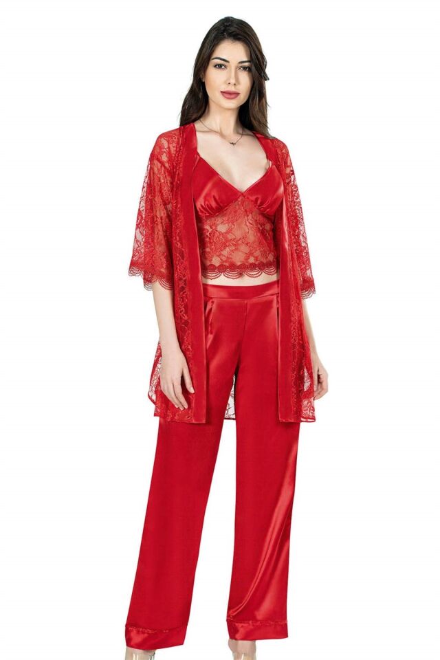 Aria's Closet Kırmızı Üçlü Büstiyerli Saten Gecelik Pijama Takımı 7641