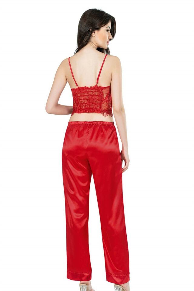 Aria's Closet Kırmızı Üçlü Büstiyerli Saten Gecelik Pijama Takımı 7641