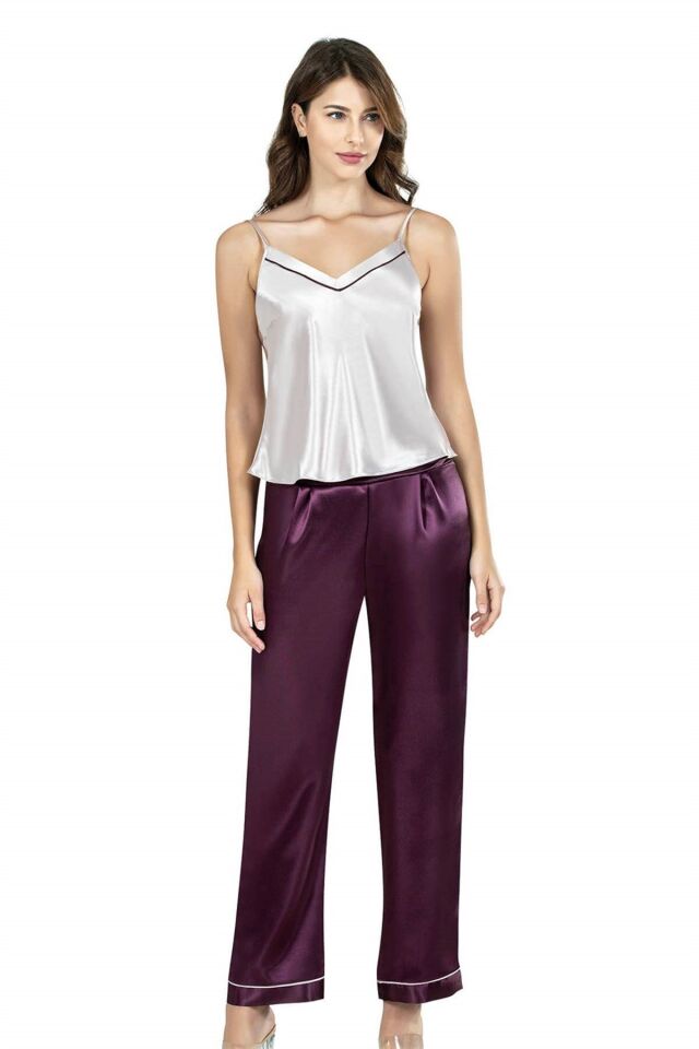 Aria's Closet Mürdüm Üçlü Saten Gecelik Pijama Takımı 7643