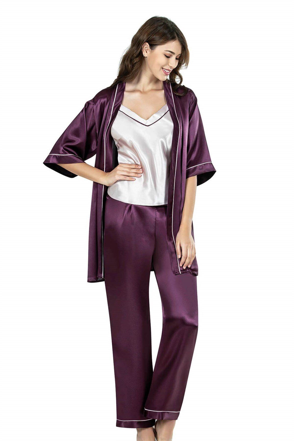 Aria's Closet Mürdüm Üçlü Saten Gecelik Pijama Takımı 7643