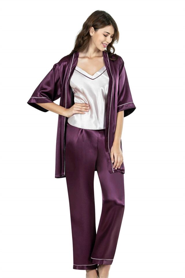 Aria's Closet Mürdüm Üçlü Saten Gecelik Pijama Takımı 7643