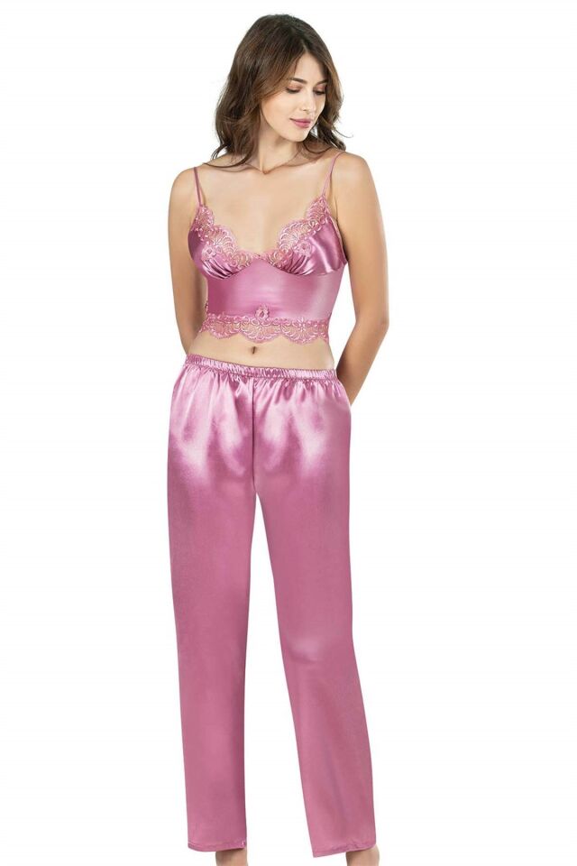 Aria's Closet Gül Kurusu Üçlü Büstiyerli Saten Gecelik Pijama Takımı 7644