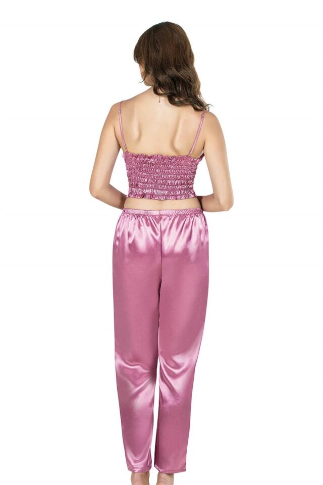 Aria's Closet Gül Kurusu Üçlü Büstiyerli Saten Gecelik Pijama Takımı 7644