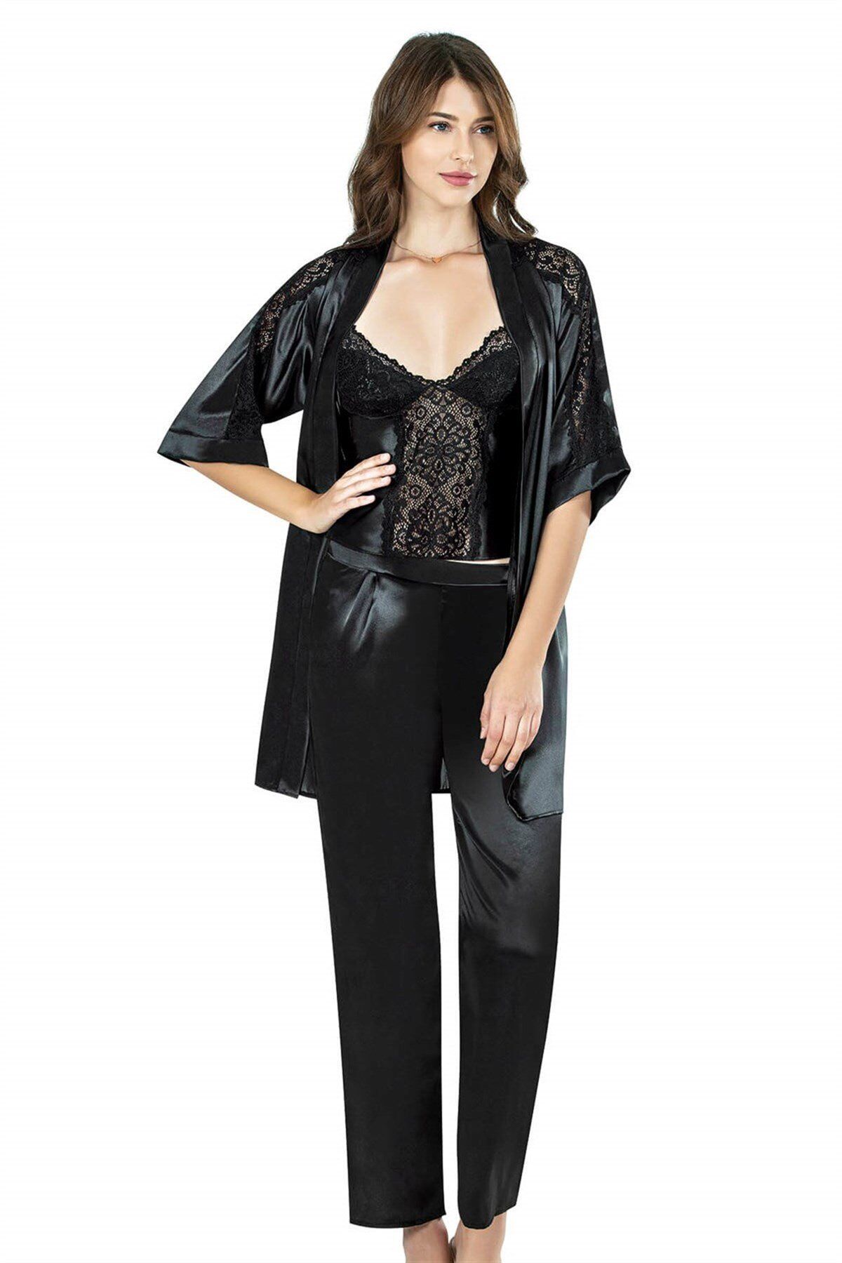 Aria's Closet Siyah Üçlü Saten Gecelik Pijama Takımı 7645