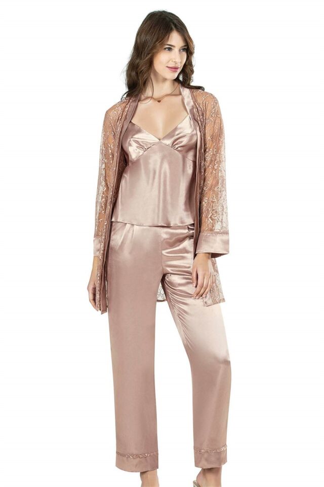 Aria's Closet Vizon Üçlü Saten Gecelik Pijama Takımı 7646