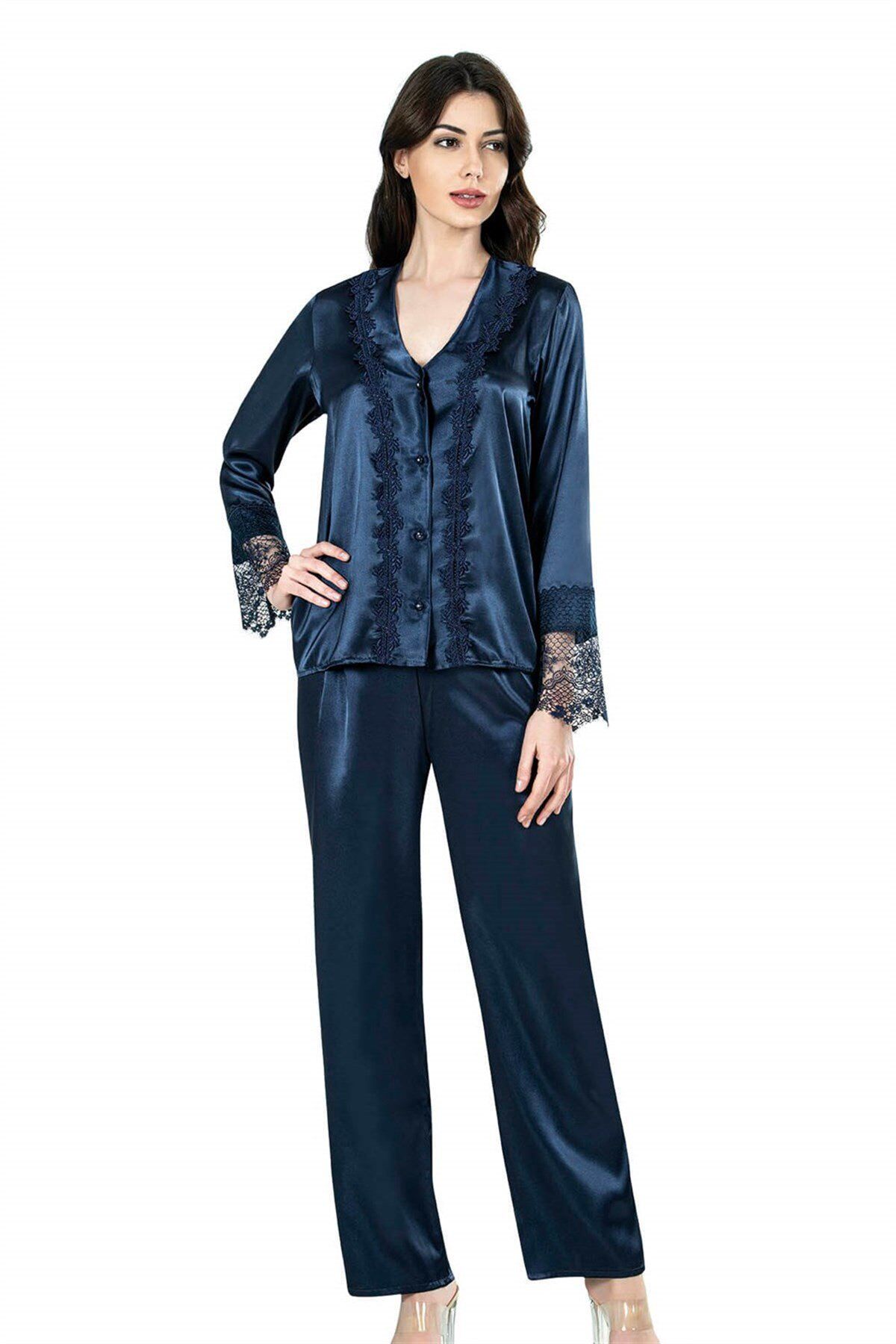 Aria's Closet Lacivert İkili Saten Gecelik Pijama Takım 7650