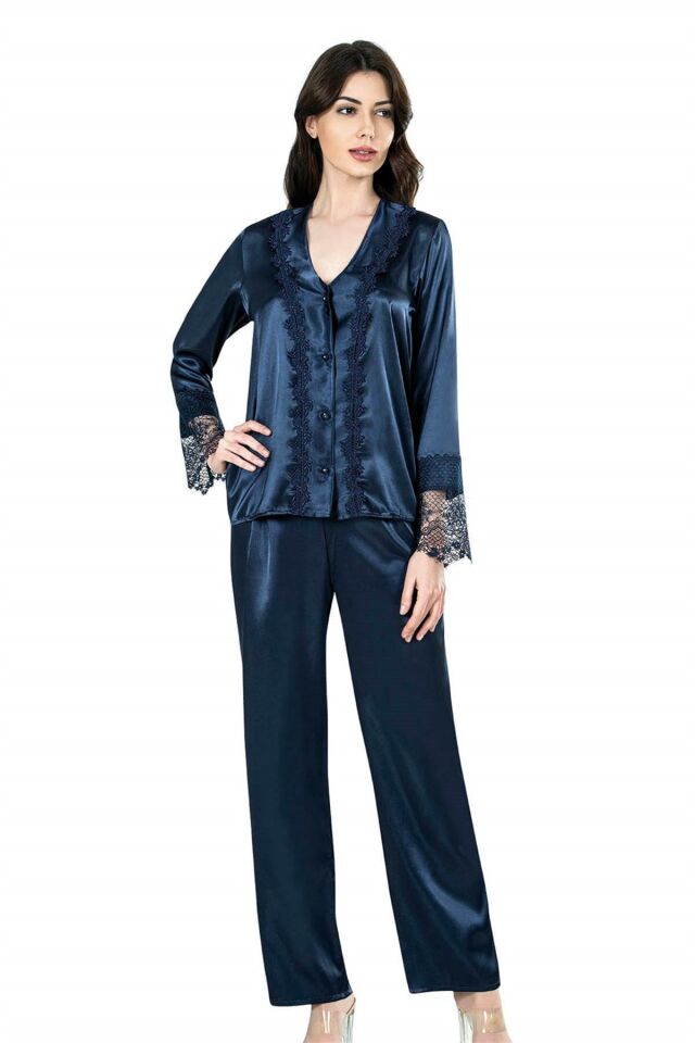 Aria's Closet Lacivert İkili Saten Gecelik Pijama Takım 7650