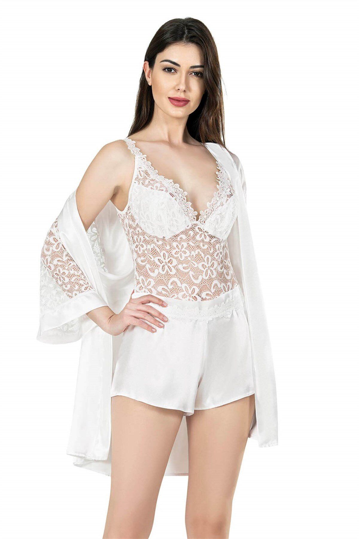 Aria's Closet Ekru Üçlü Saten Gecelik Bodysuit Şort Takım 7651