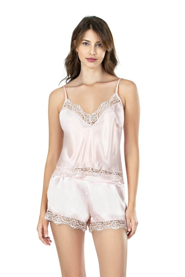 Aria's Closet Somon Üçlü Saten Gecelik Babydoll Şort Takım 7653