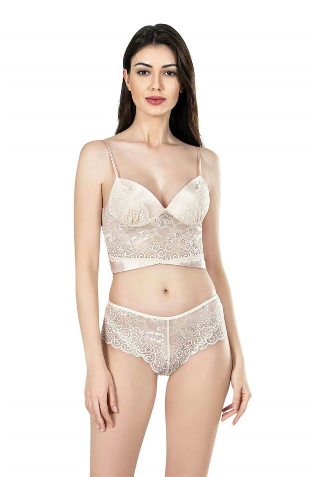 Aria's Closet Fildişi Büstiyerli Üçlü Saten Gecelik Babydoll Şort Takım 7655