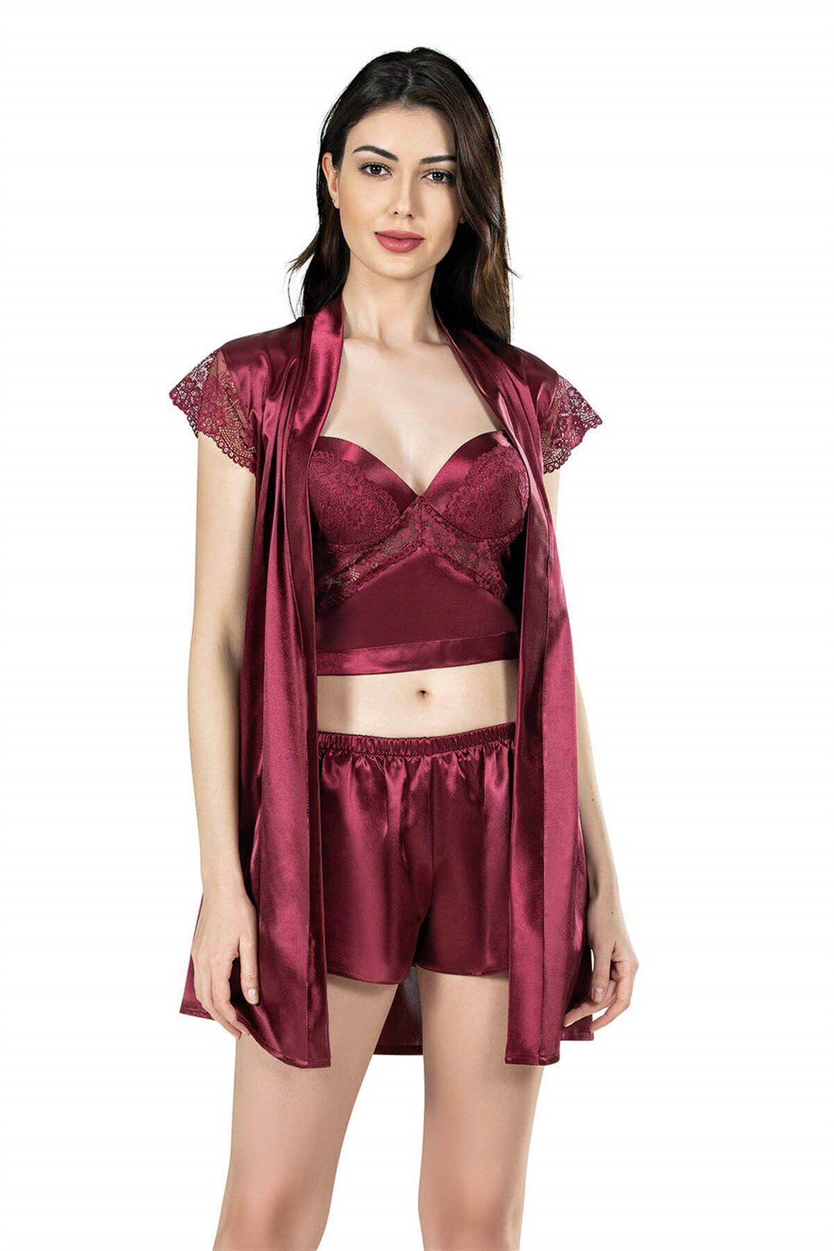 Aria's Closet Bordo Büstiyerli Üçlü Saten Gecelik Babydoll Şort Takım 7659