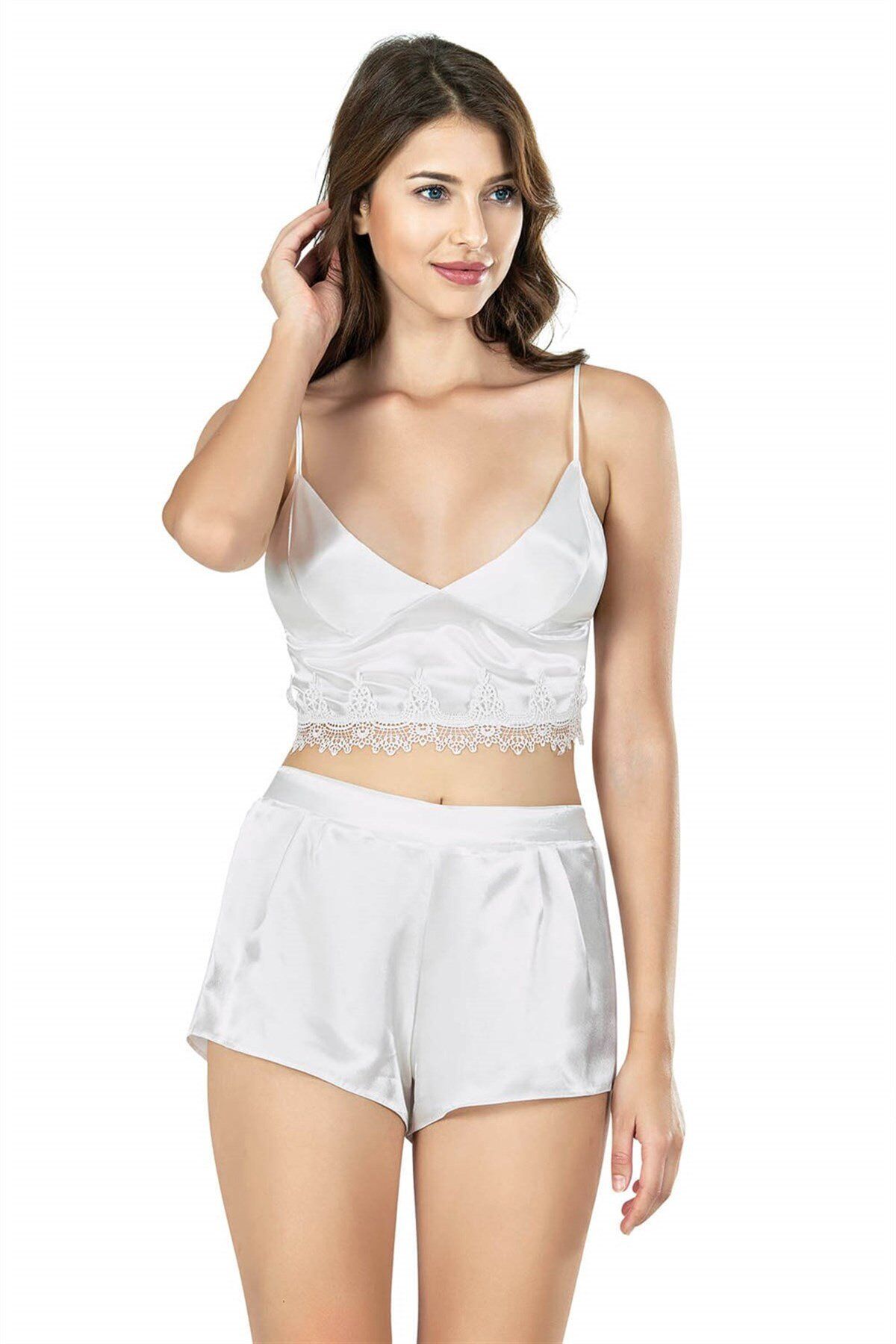 Aria's Closet Ekru Saten Büstiyerli Babydoll Şort Takımı 7662