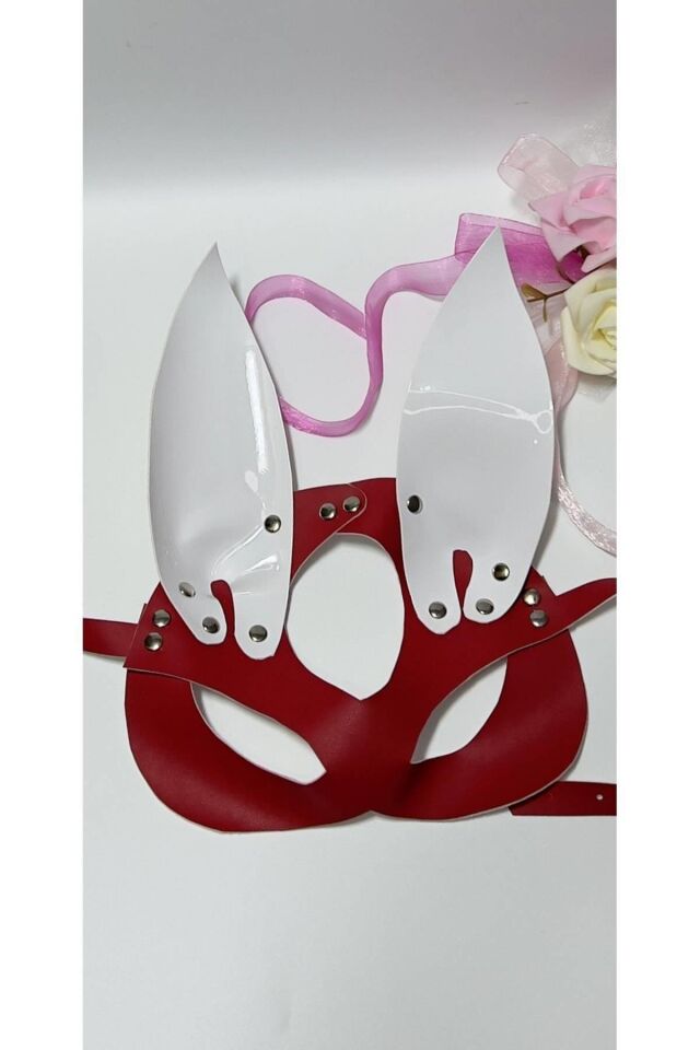 Kırmızı/Beyaz Tavşan Kulaklı Deri Sexi Maske 800489