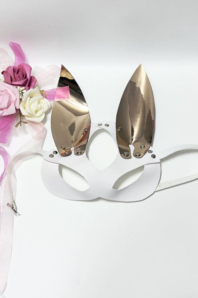 Beyaz/Gold Tavşan Kulaklı Deri Sexi Maske 800488