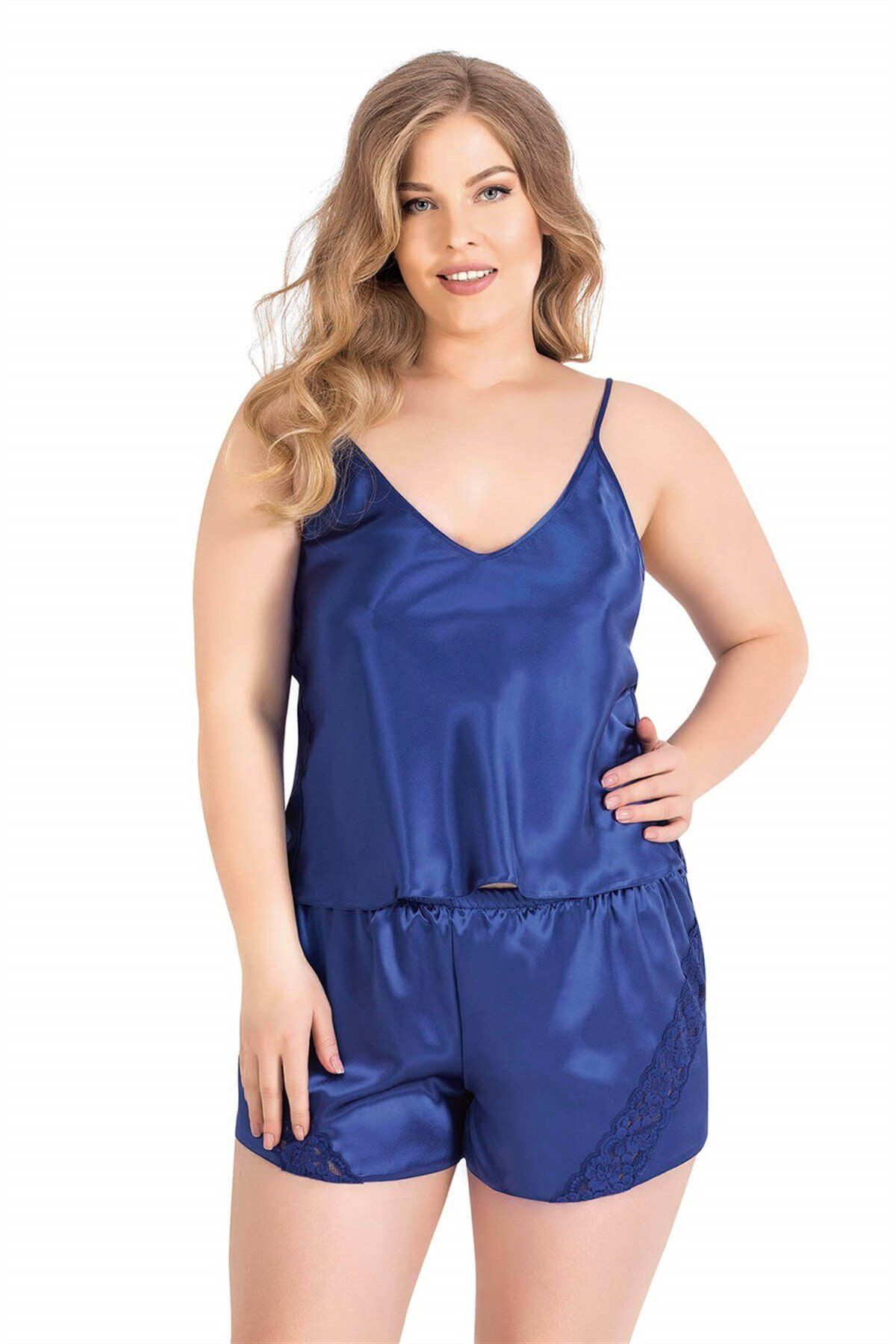 Aria's Closet Büyük Beden Saks Saten Babydoll Şort Takımı