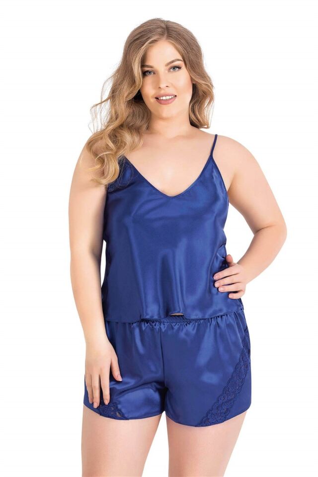 Aria's Closet Büyük Beden Saks Saten Babydoll Şort Takımı