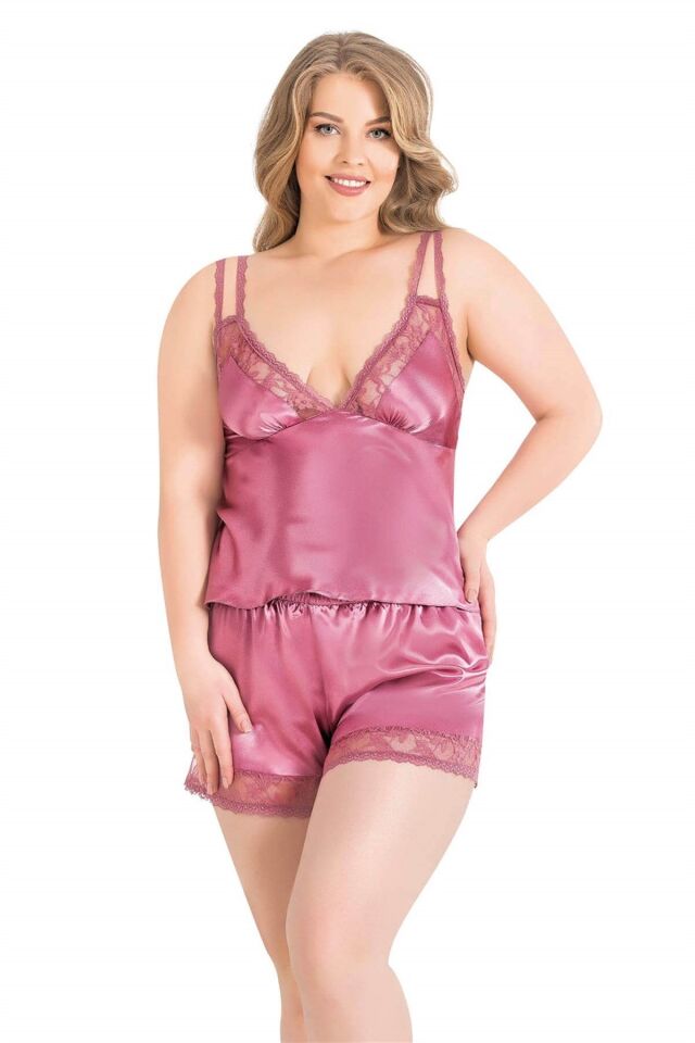 Aria's Closet Büyük Beden Gül Kurusu Saten Babydoll Şort Takımı