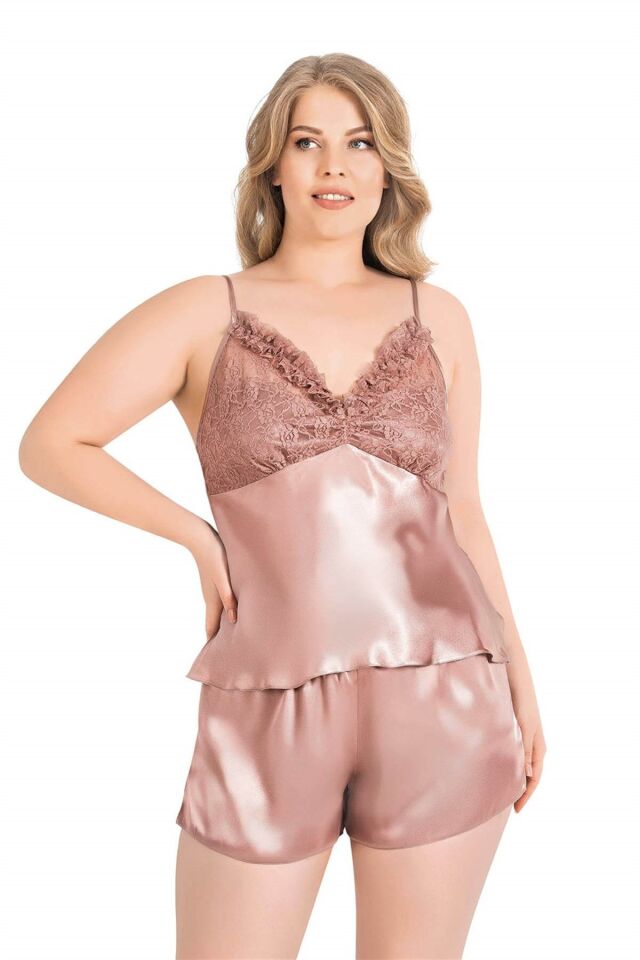 Aria's Closet Büyük Beden Vizon Saten Babydoll Şort Takımı