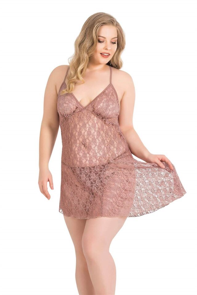 Aria's Closet Büyük Beden Vizon Kısa Tül Gecelik