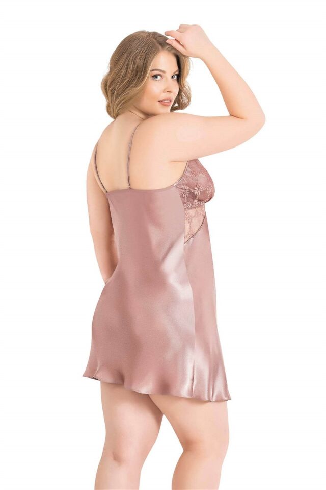 Aria's Closet Büyük Beden Vizon Kısa Saten Gecelik