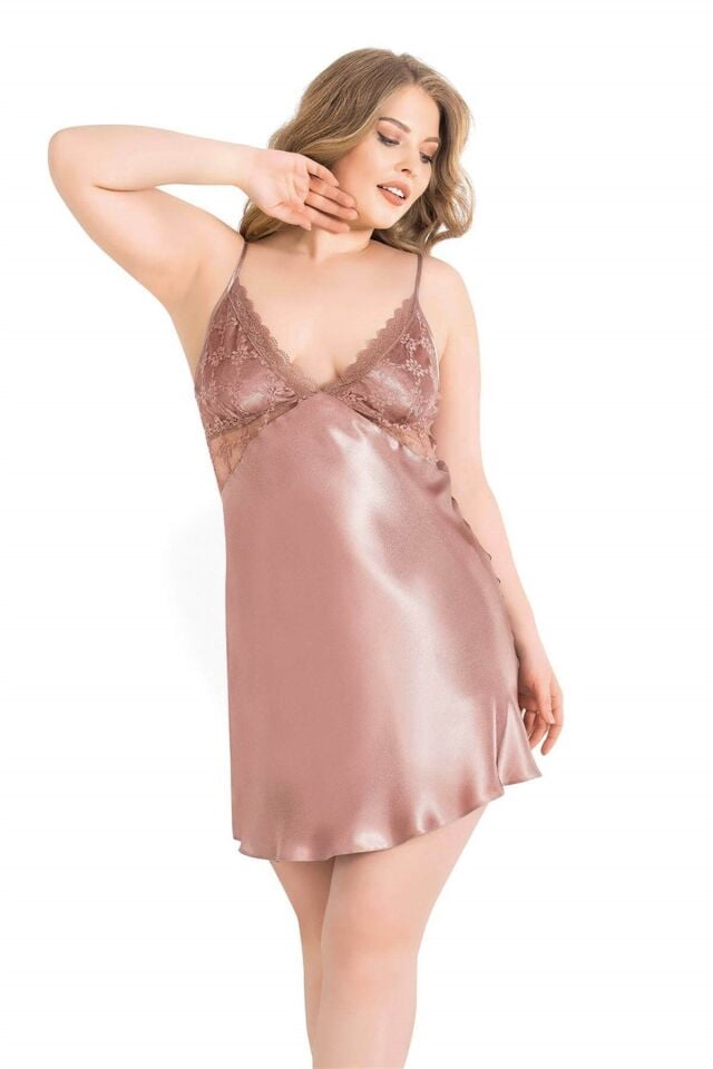 Aria's Closet Büyük Beden Vizon Kısa Saten Gecelik