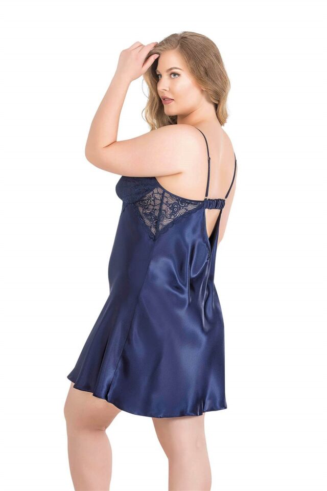 Aria's Closet Büyük Beden Lacivert Kısa Saten Gecelik