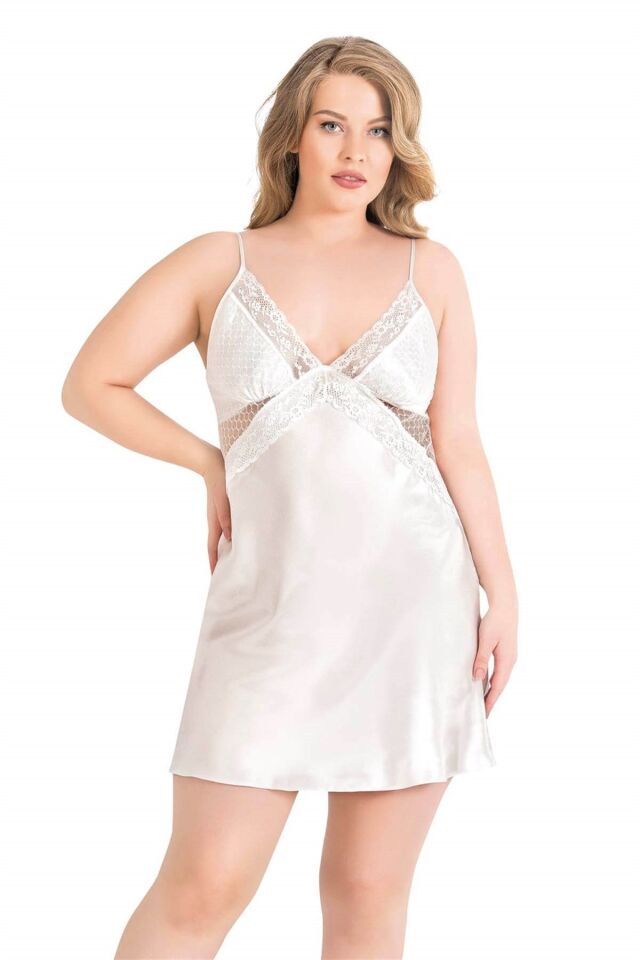 Aria's Closet Büyük Beden Ekru Kısa Saten Gecelik