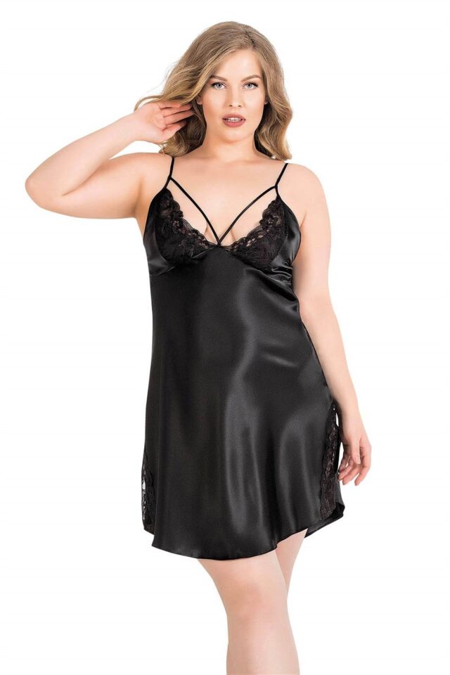 Aria's Closet Büyük Beden Siyah Kısa İkili Saten Sabahlık Gecelik Takımı 6151