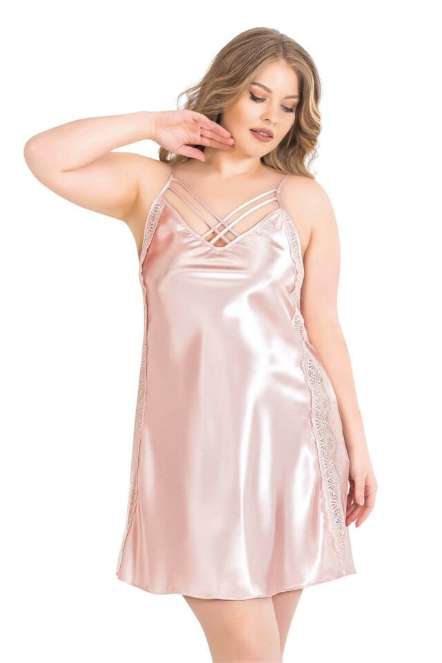 Aria's Closet Büyük Beden Somon Kısa İkili Saten Sabahlık Gecelik Takımı 6152