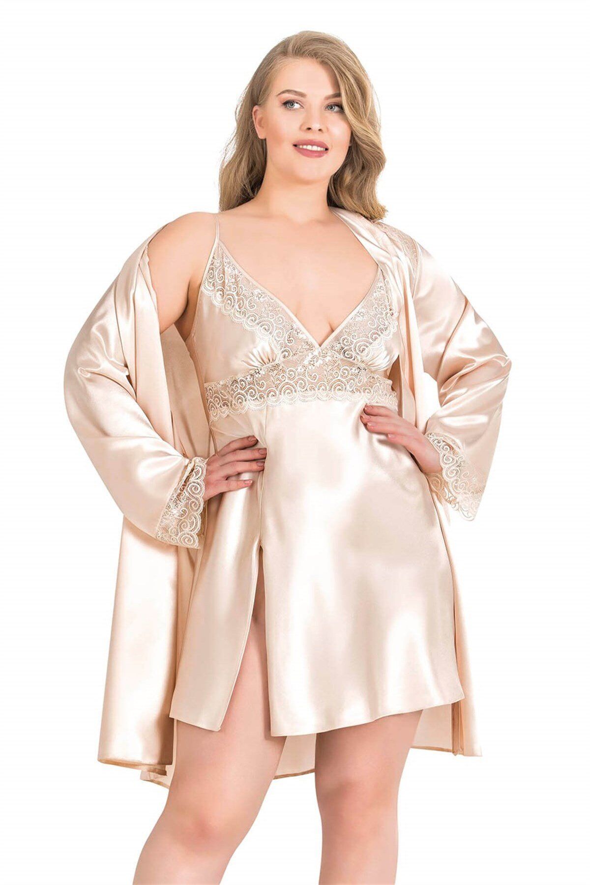 Aria's Closet Büyük Beden Fildişi Kısa İkili Saten Sabahlık Gecelik Takımı 6154
