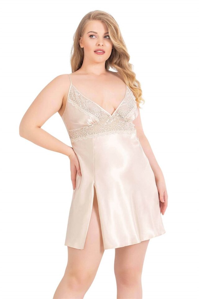 Aria's Closet Büyük Beden Fildişi Kısa İkili Saten Sabahlık Gecelik Takımı 6154